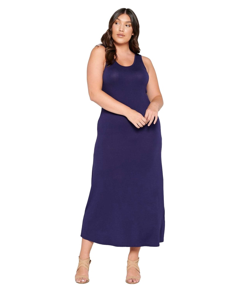 Front of a model wearing a size 22|24 Everyday Essential Tank Maxi Dress in Navy by L I V D. | dia_product_style_image_id:353273